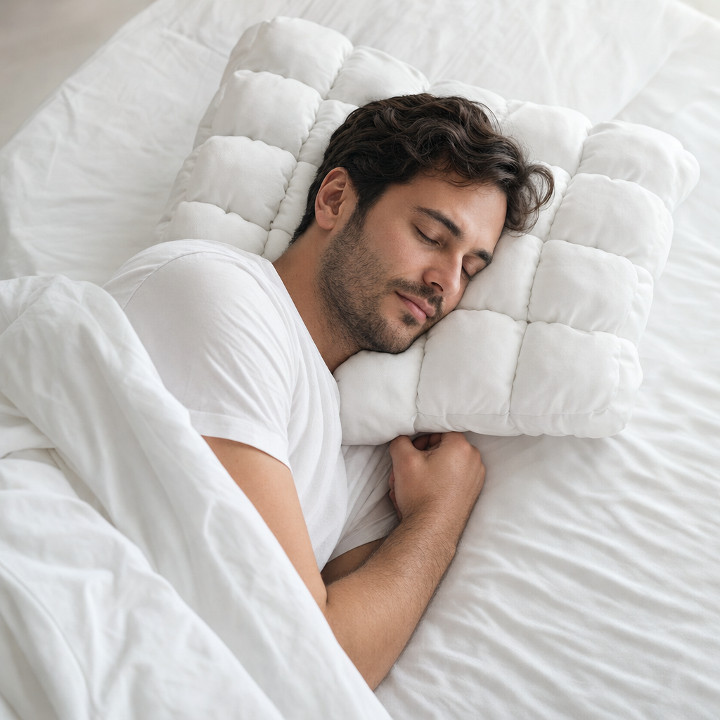 Mand sover på siden på CloudOne hovedpuden